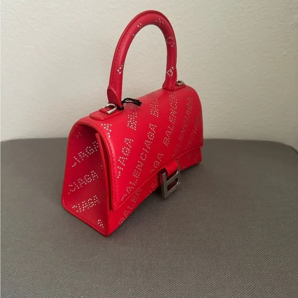 Balenciaga Hourglass Red Leather Crystals-Logo Top Handle Mini Bag, NWT! - Picture 2 of 11